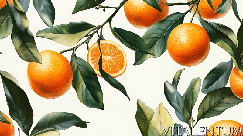 Orange branches with fruit and leaves on pale backdrop.