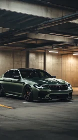 Deep green BMW sedan resting softly in a quiet garage.