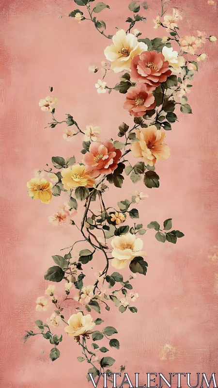Romantic climbing blossoms trail across soft pink canvas.