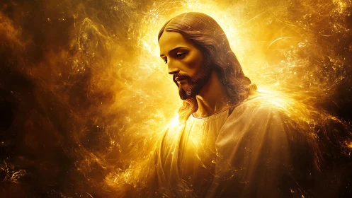 Radiant robed figure in golden luminous halo field profile view