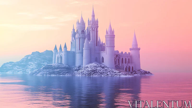 Enchanted castle rises majestically from icy waters in dreamlike scene.