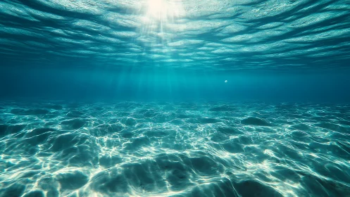 Sunlit underwater seafloor with rippled sand and beams.