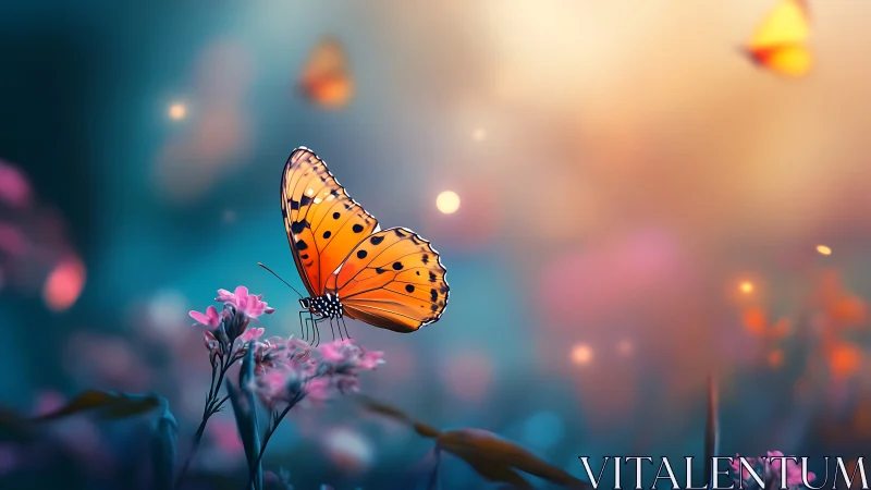 Orange butterfly on small flowers in soft abstract garden.