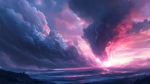 Spectral vortex stormfront over luminant tidal plain horizon.