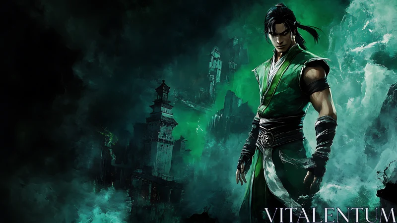 Emerald-clad warrior in misted ruined citadel environment