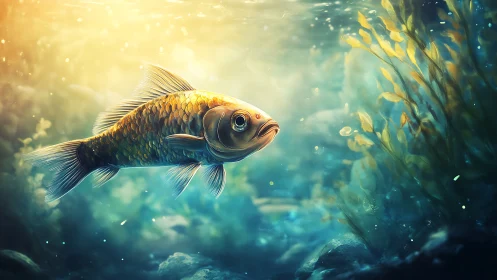 Golden fish glides through sunlit water in tranquil silence