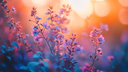 Purple Flowers Bloom Against Golden Sunset