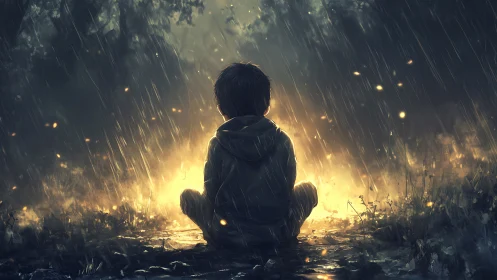 Solitary child seated in rain before warm glowing light.