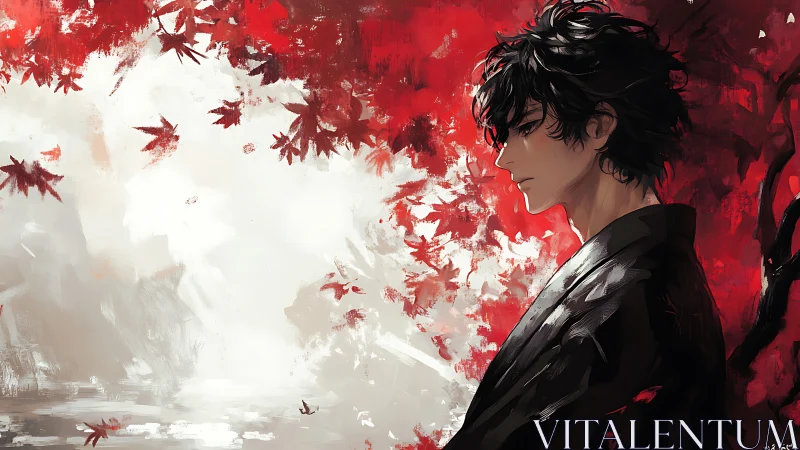 Solitary dark-haired figure beside abstract red leaves.