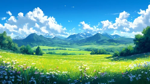 Sunlit alpine meadow stretches toward distant blue mountains