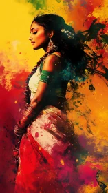 Profile portrait of sari-clad woman in vivid color bursts.