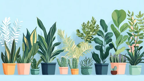 Row of potted indoor plants is arranged against blue background