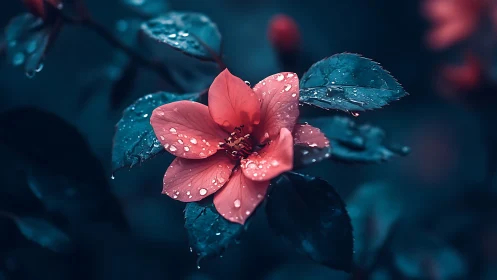 Coral Bloom Glistening with Morning Dew.