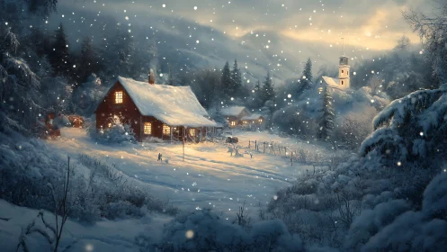 Snow covered cabin and village under soft evening light