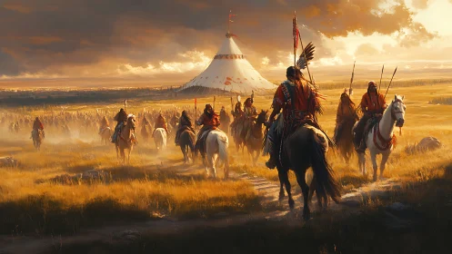 Warriors on horseback ride toward a ceremonial plains camp.