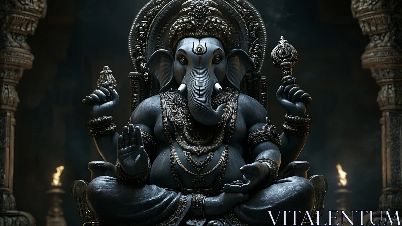 High-detail 3D render of ornate seated Ganesha idol in temple