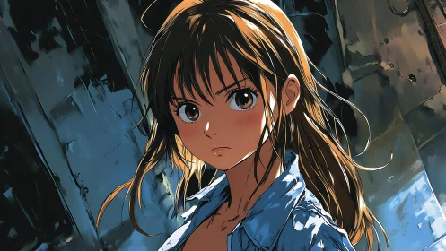 Determined anime girl in dramatic alleyway lighting.