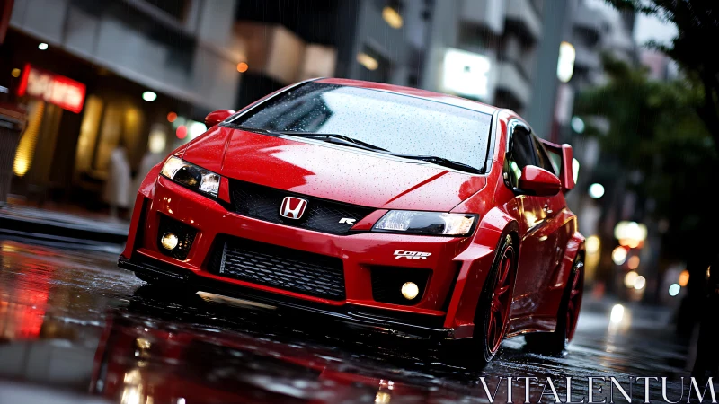 Red tuned hatchback glows on a rainy neon city street
