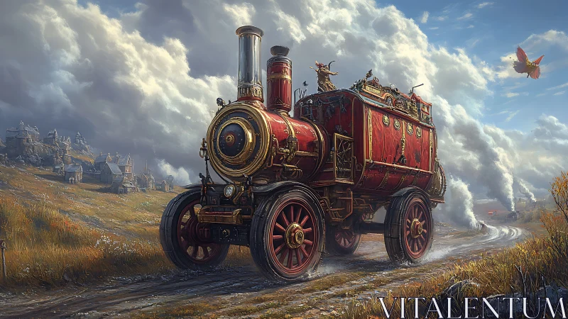 Majestic red steam wagon rolls through a misty fantasy valley