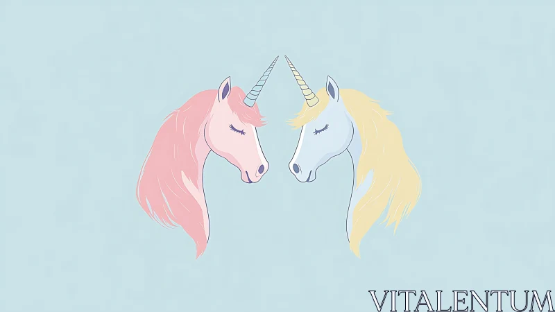 Two pastel unicorn profiles mirror each other on blue field