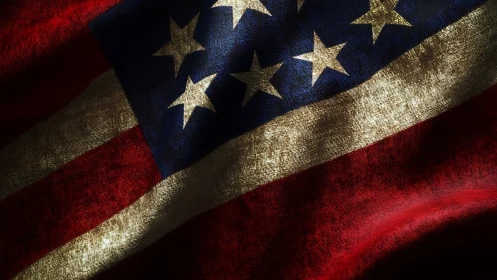 American flag ripples in dramatic textured lighting.