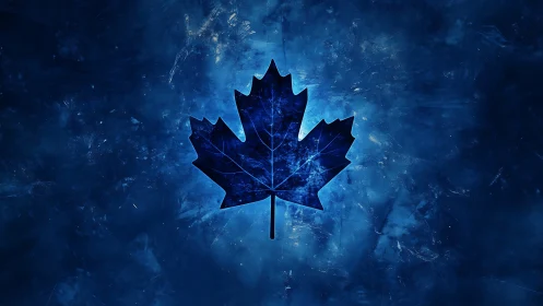 Luminous blue maple leaf glowing in a storm of cosmic mist.