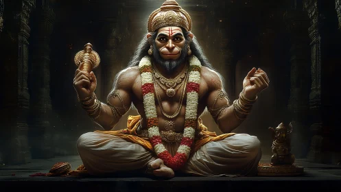 Photorealistic Hanuman deity portrait in meditative temple setting.