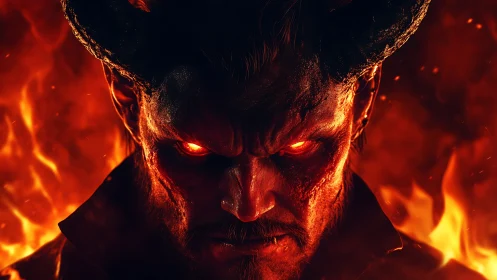 Infernal horned demon portrait in blazing cinematic firelight.