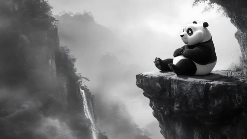 Peaceful panda enjoying quiet time above misty cliffs.