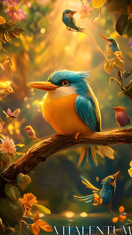 Colorful stylized birds perch on a branch in soft light