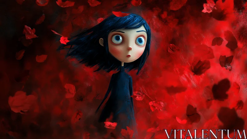 Wide eyed girl drifting through a crimson dreamstorm.