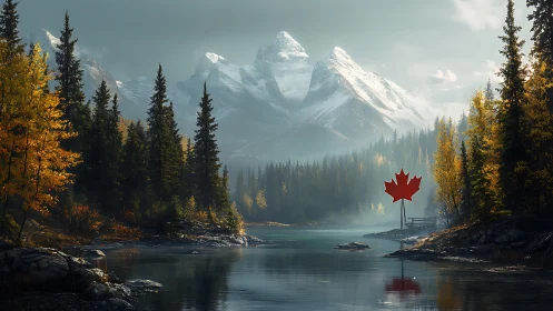 Snowy mountains and forest lake with red maple leaf sign