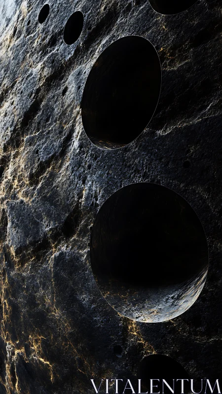 Oblique view of cratered basaltic surface with deep shadowed pits