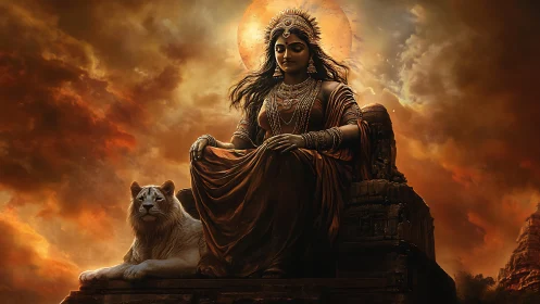 Divine warrior goddess seated with lion under burning sky.