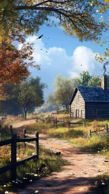 Rural dirt path leading to wooden cabin in autumn light.
