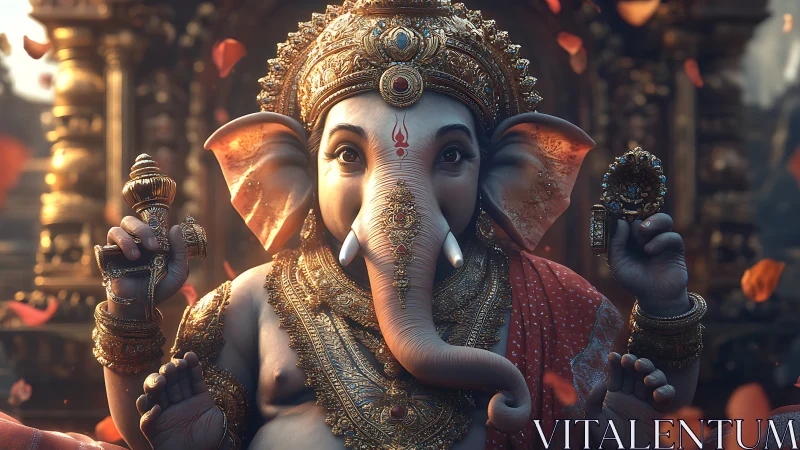 Ornate Ganesha idol in luminous 3D devotional portrait.