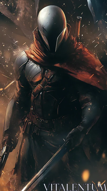 Hooded sci fi knight emerging through embers and smoke.