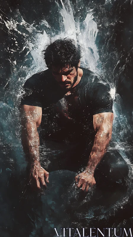 Muscular man erupts through dark splashing water in motion