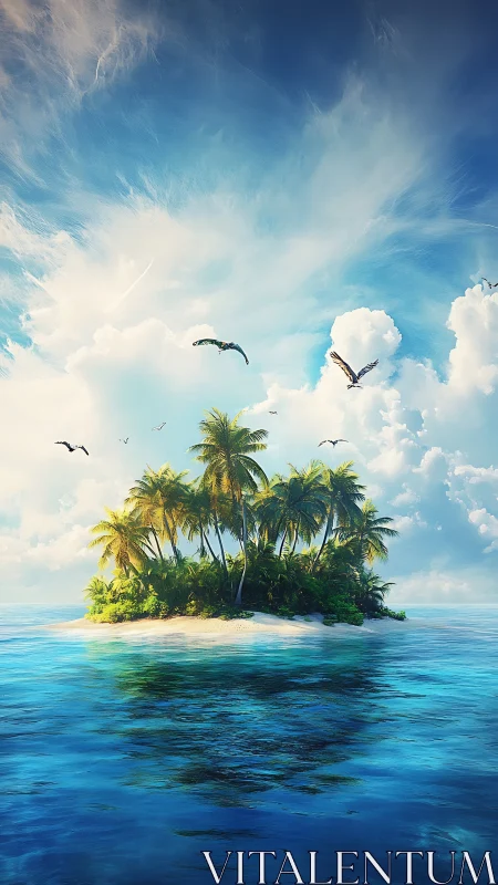 Tropical Island Paradise With Soaring Birds.
