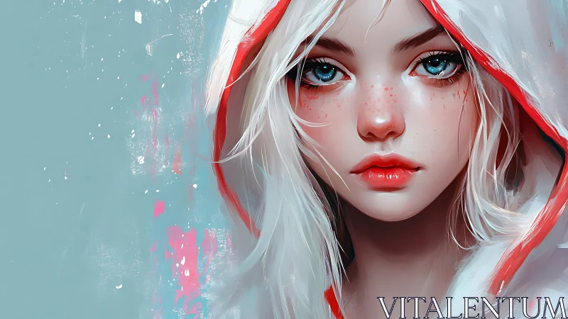 Digital portrait of pale girl in hood with high chroma contrast