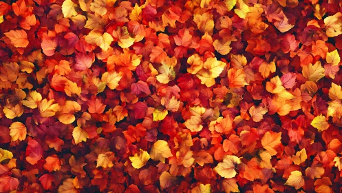 Autumn leaf carpet with dense orange and red foliage pattern.