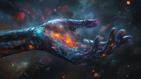 Luminous cybernetic hand opens in a storm of cosmic embers