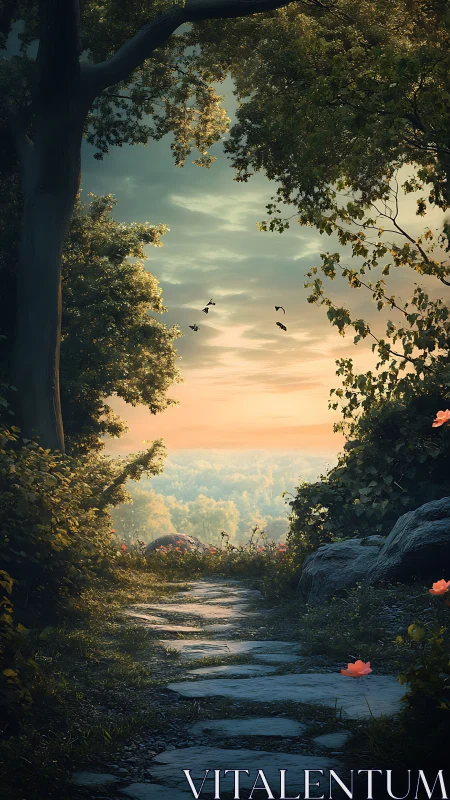A Serene Forest Path Framed by Ancient Trees at Golden Hour