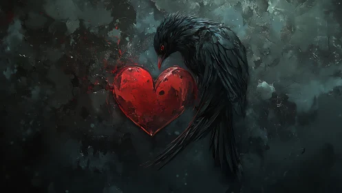 Black raven holds glowing red heart against dark textured backdrop.