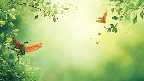 Colorful birds in lush green forest, dreamy digital art style.