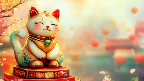 Gilded Maneki-neko Fortune Cat Radiates Prosperity Amid Luminous Floral Setting.