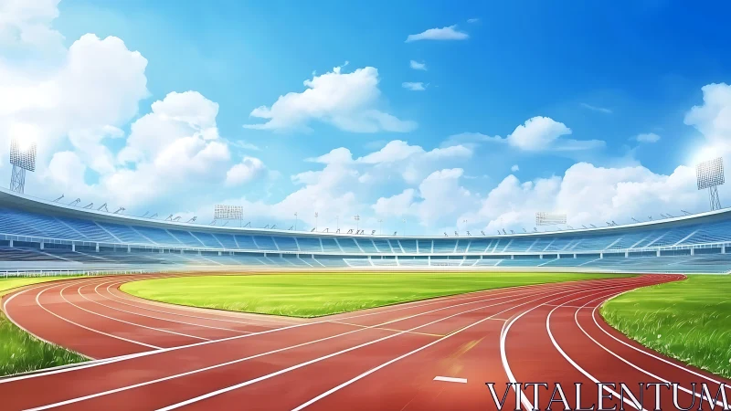 Sunlit stadium track curves around a calm green field