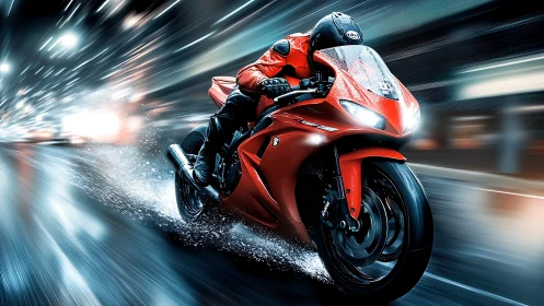 Red superbike races through wet neon city street at night.