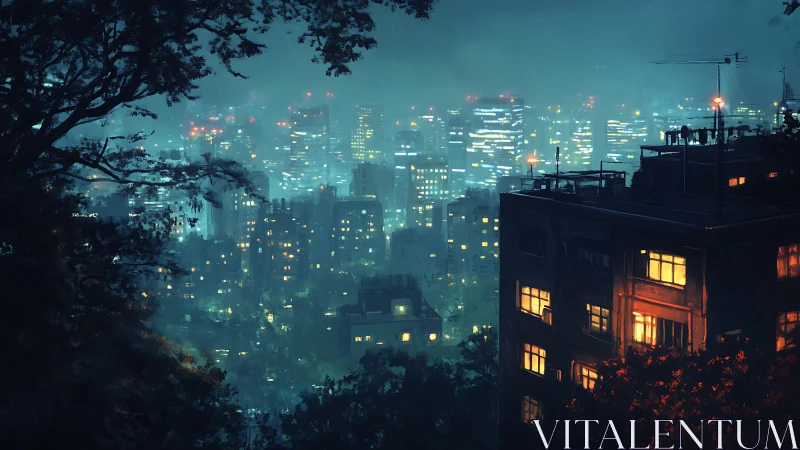 Moody rainy city skyline viewed from shadowed hillside.