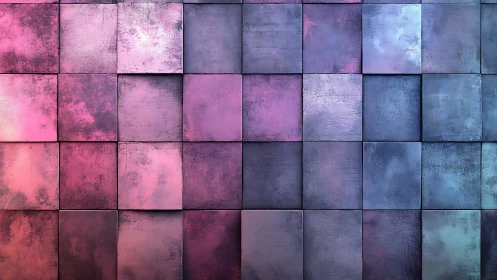 Gradient square tile wall shows textured pink to blue shift